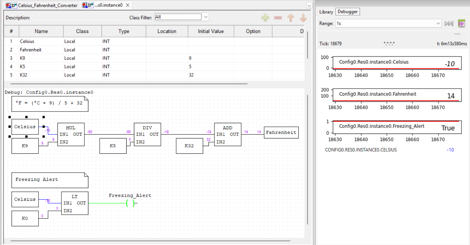 Temperature converter PLC logic and live debugger